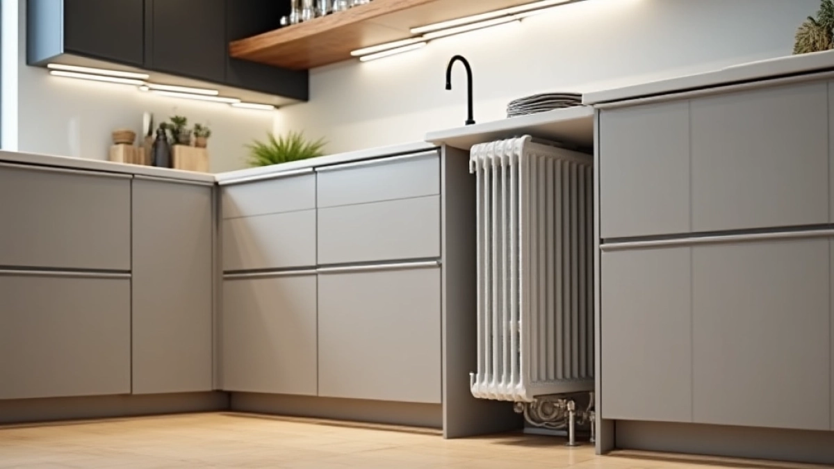 Grzejnik w kuchni za meblami