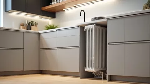 Grzejnik w kuchni za meblami