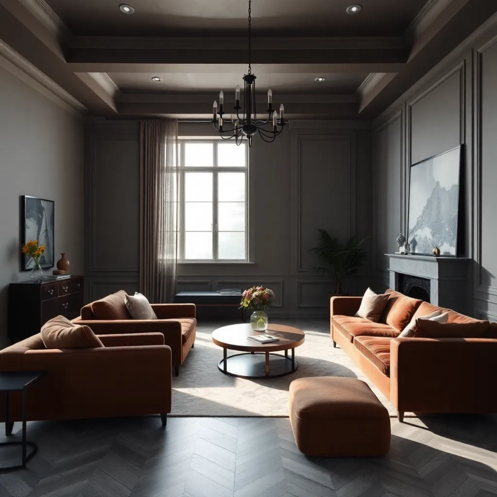 Szary pokój z brązowymi meblami